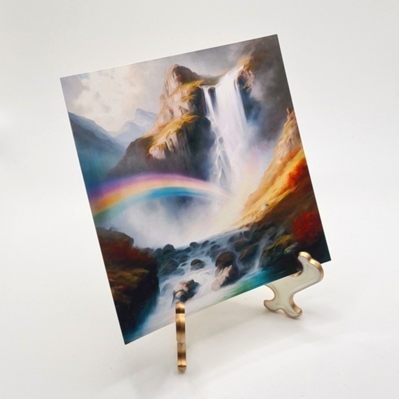 4x4 Waterfall with Rainbow Wall Art Illustration Watercolor Oil Painting Print - Picture 3 of 7